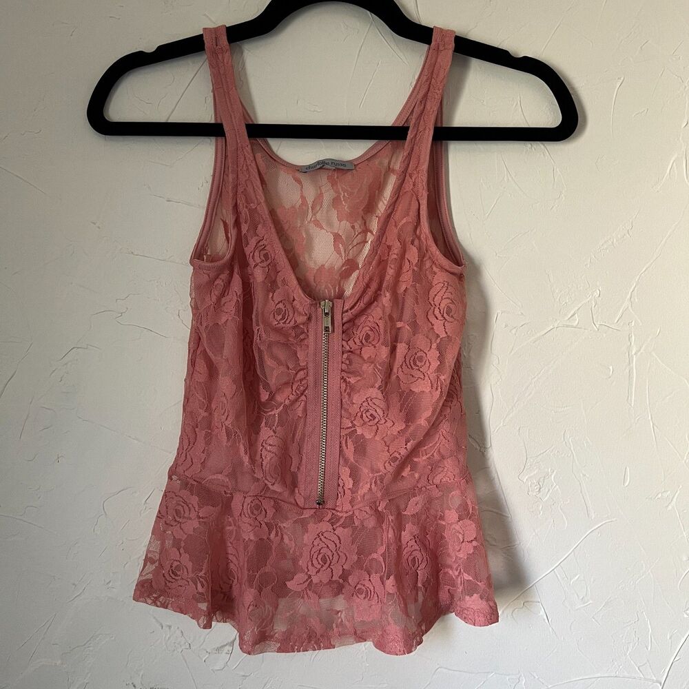 Y2K Charlotte Russe Pink Lace Zip Front Peplum Tank Top XS Coquette Going Out